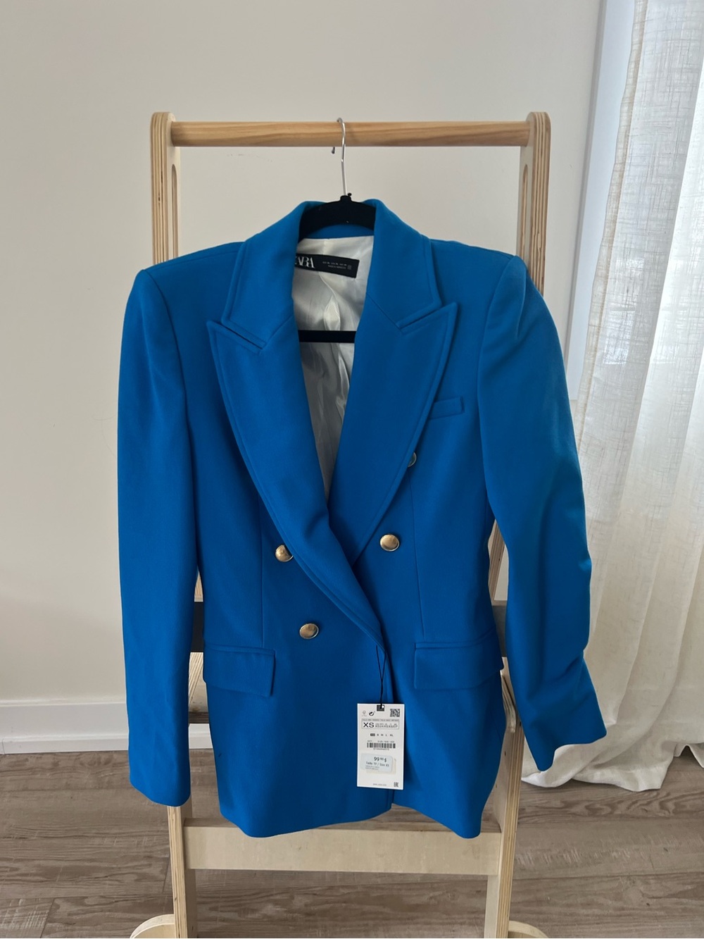 Zara Double-Breasted Bright Blue Blazer with Gold Buttons